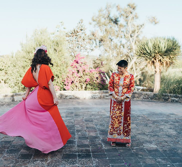 Brides walk together in Menorca