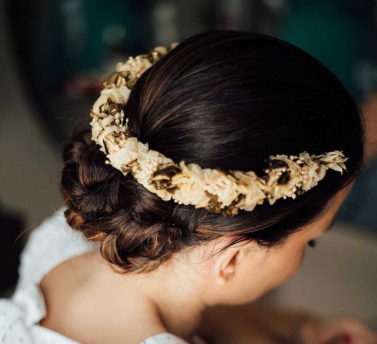 pinned wedding hairstyle and dried flower crown 