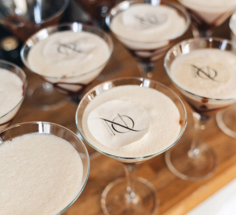 Customised wedding cocktails with drink toppers of the couple's initials 