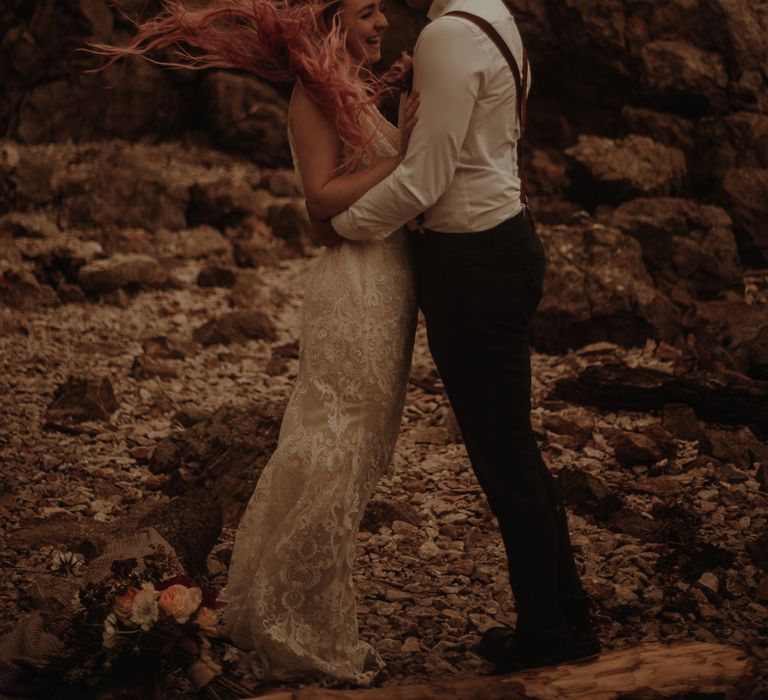 Bride with pink hair and lace wedding dress at Lake District Elopement