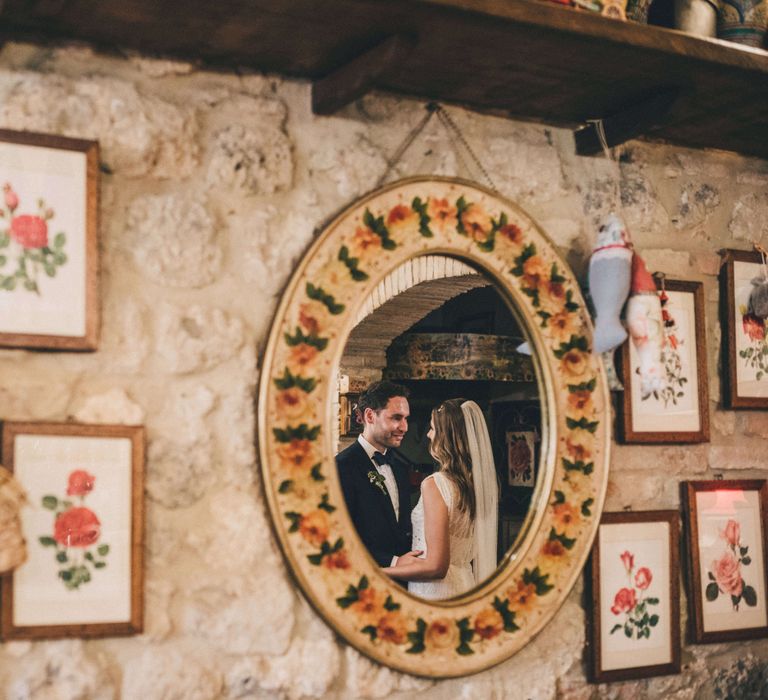 Tuscany wedding with rustic mirror shot