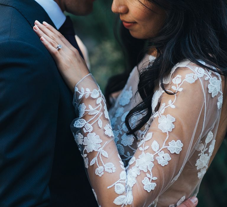 Beige wedding nails and diamond engagement ring