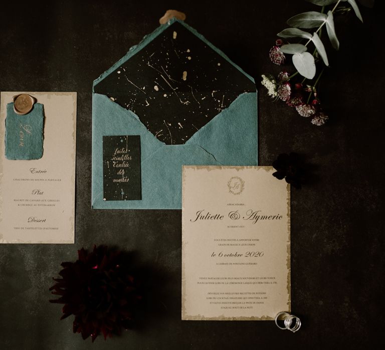 Black, white and gold wedding stationery suite 