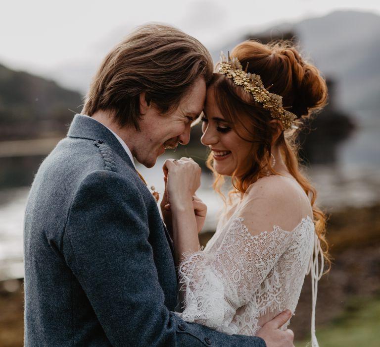 Red haired bride & groom embrace during Isle Of Skye Elopement 