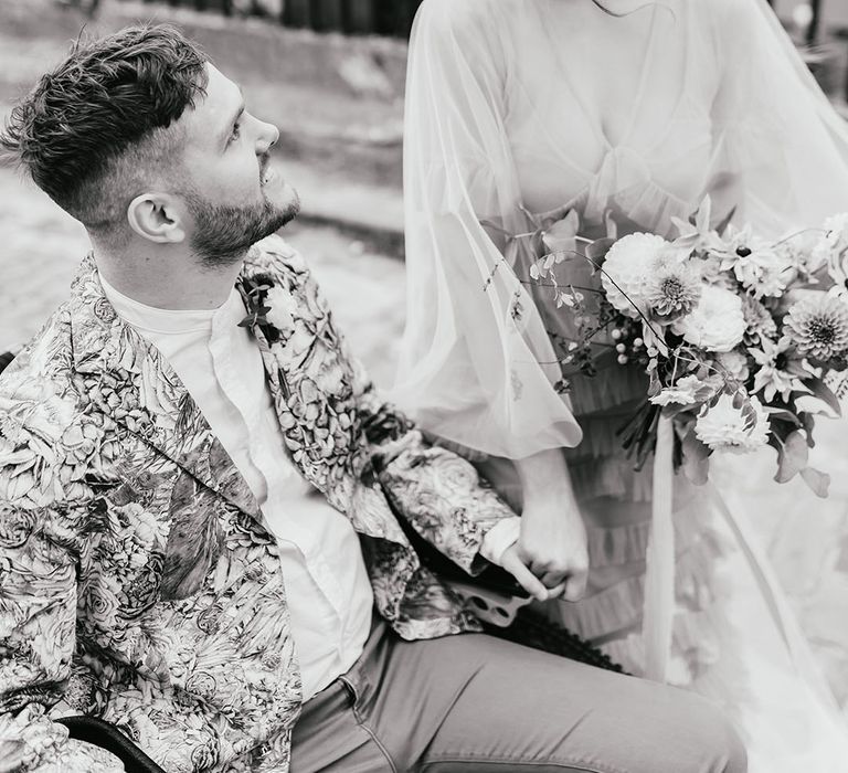 Black and white wedding photo of interabled couple at Shoreditch elopement 