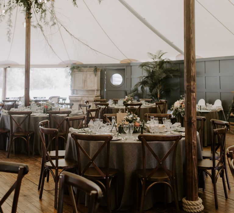 Tipi wedding venue with sage green colour and floral arches throughout