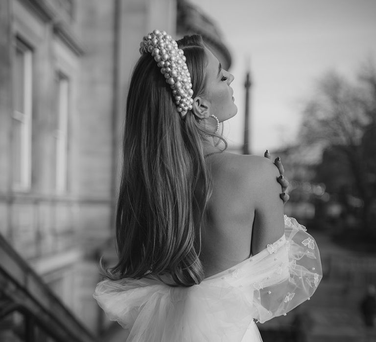 Strapless wedding dress with pearl back detail by Daniel Chu Designs 