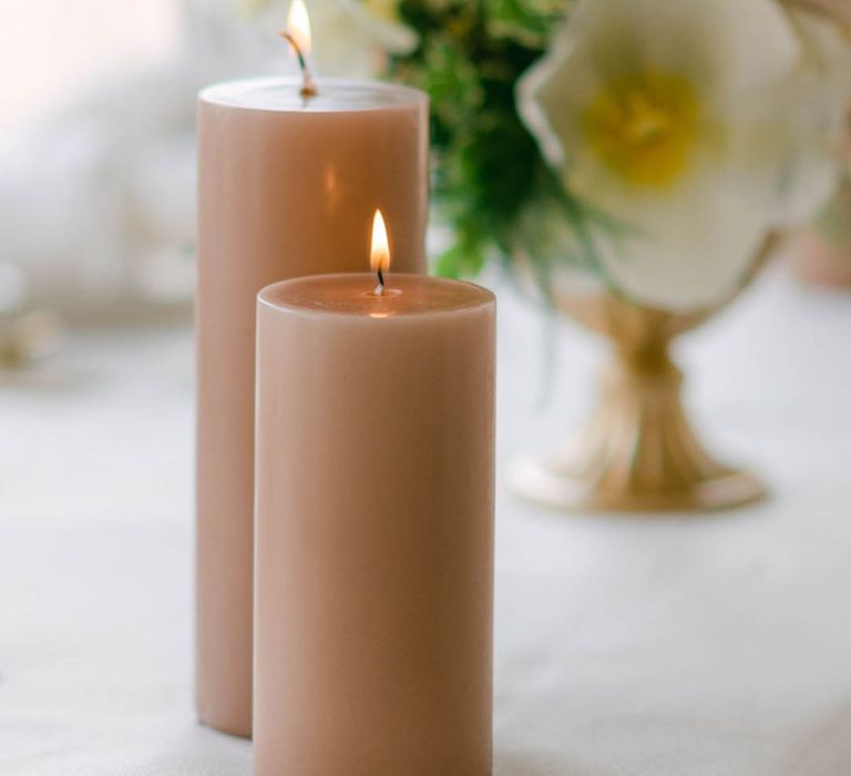 Beige pillar candle wedding table decoration 