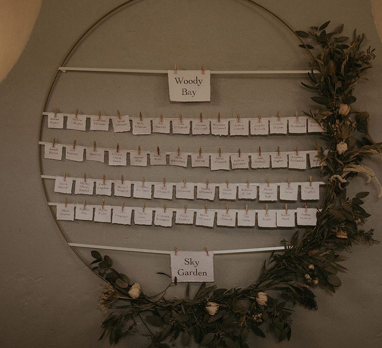 DIY hoop seating plan and place name idea for intimate wedding of just over 50 guests 