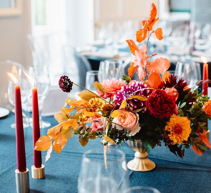 Low autumn wedding flower arrangement 