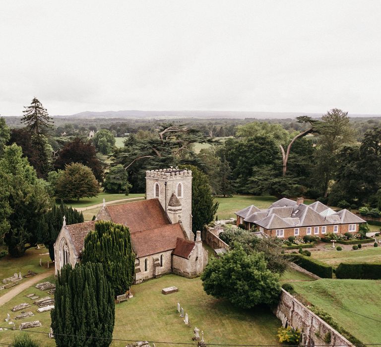 Aerial view of the church and country house 