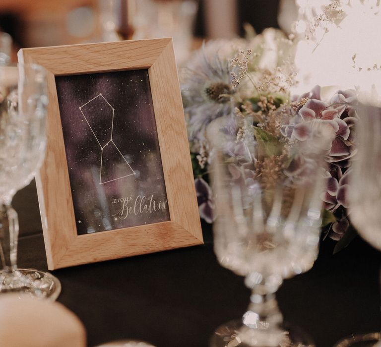 Star constellation table name details with purple hydrangea centrepieces