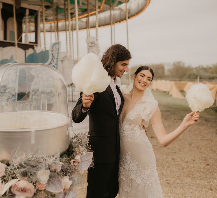 Candy floss stand at pastel wedding theme inspiration 