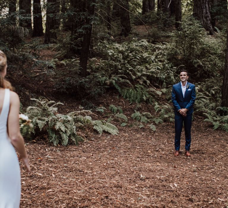 Groom sees bride for the first time in first-look moment for elopement wedding