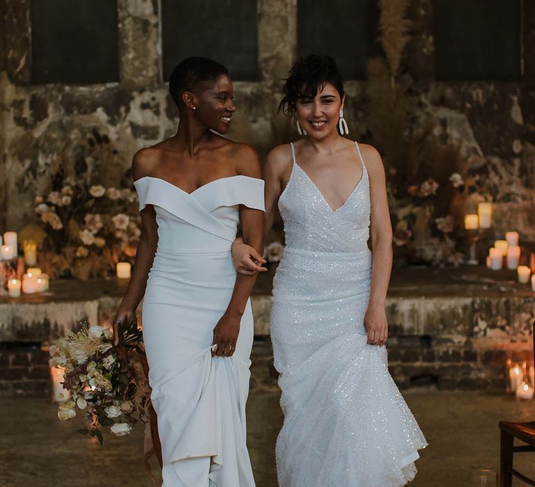 Asylum London wedding inspiration with two brides in Made With Love Bridal gowns 