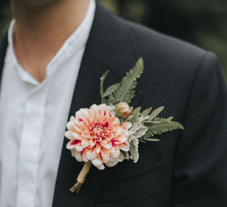 Peach dahlia groom buttonhole flower 