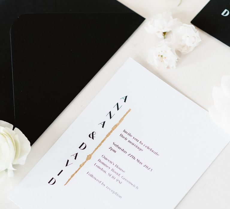 black and white wedding stationery. The invitation is white and the envelope is black.