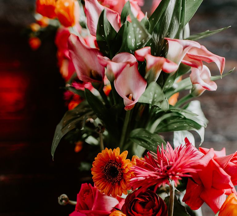 Red, orange, pink and coral Calla Lilies, roses, tulips and Gerbera wedding flowers 