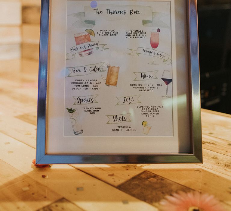 Drinks menu fot wedding guests with watercolour and images