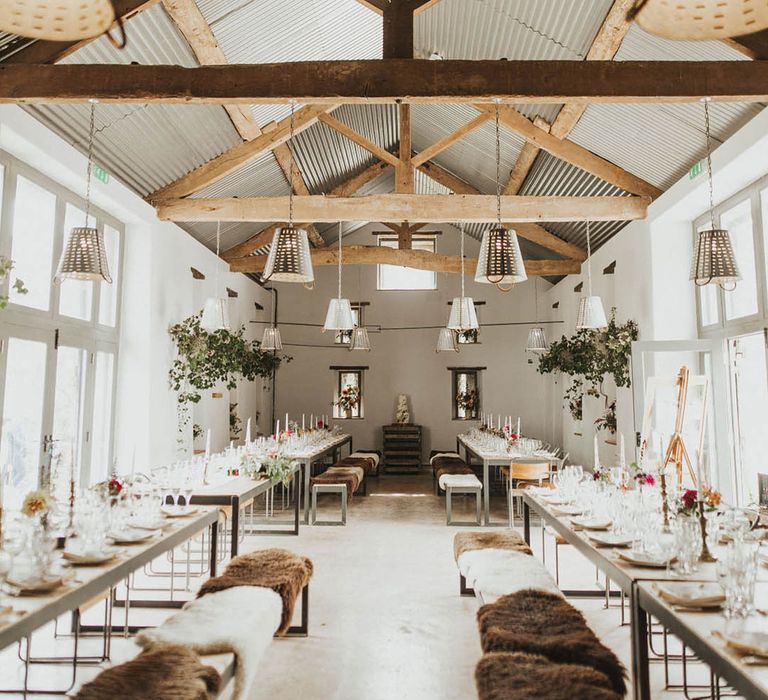 The Barn at Drovers wedding venue with fur covered seats 