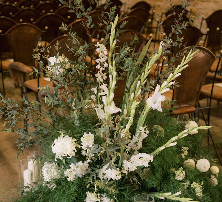 Dahlias, chrysanthemum, and gladiolus white wedding flower aisle decoration for rustic luxe wedding 