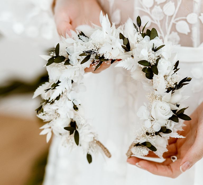 black and white preserved flower wedding headband 