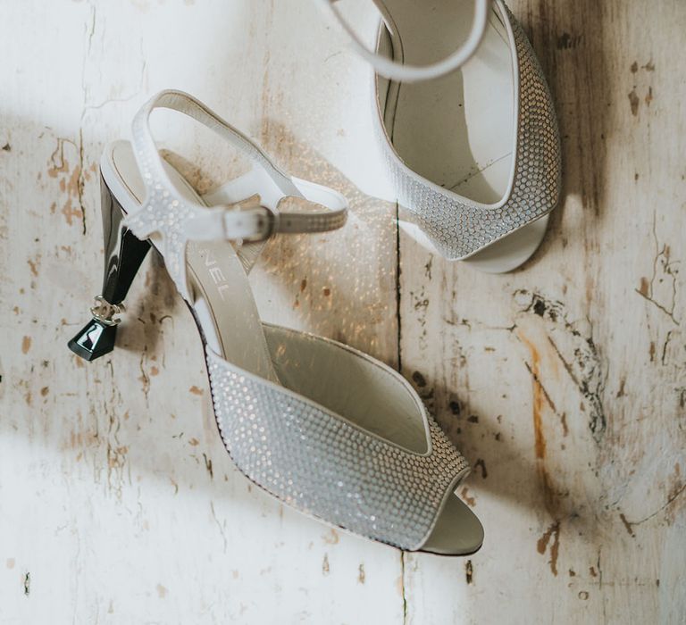 Sparkly Chanel wedding shoes for the bride with Chanel logo heels 