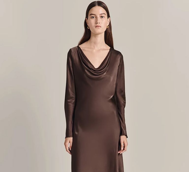 Mother of the bride brown satin long sleeve cowl neck maxi dress