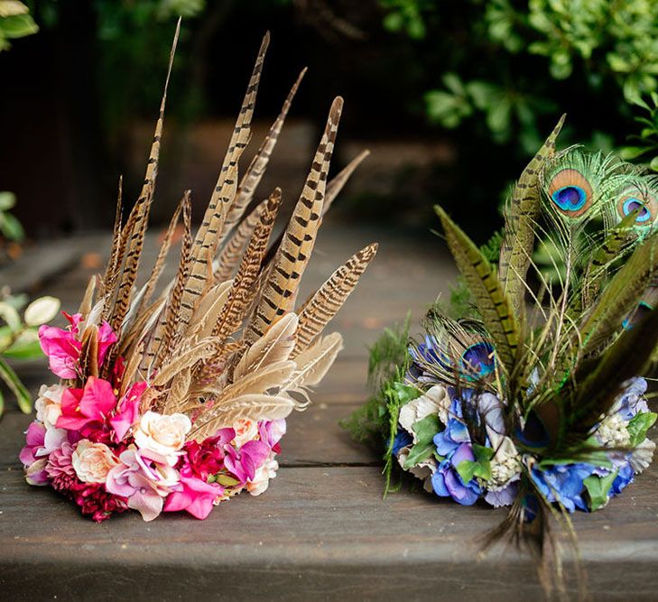 Elaborate flower crowns in pink and blue with feathers for drag race wedding inspiration shoot. Photography by Stephanie Shenton. 