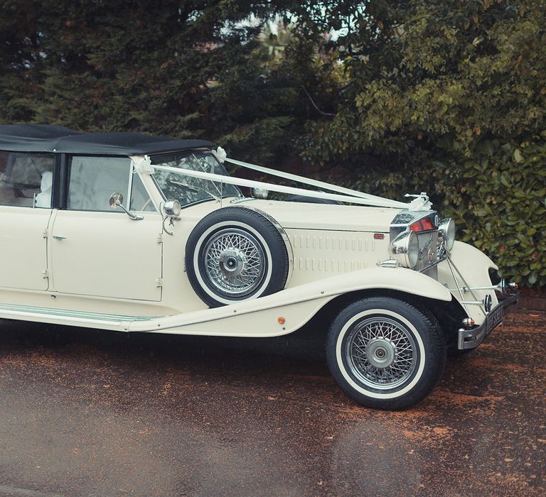 Vintage wedding car in white