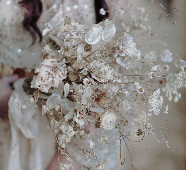 neutral dried and fresh flower minimalist wedding bouquet 