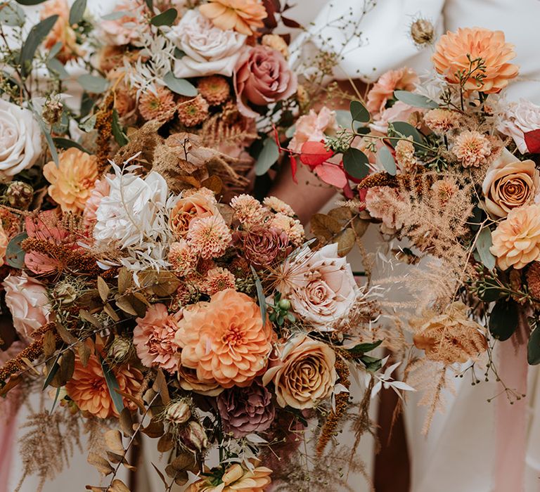 Toffee, rust and beige wedding flowers in autumnal warm tones for 70s inspired wedding