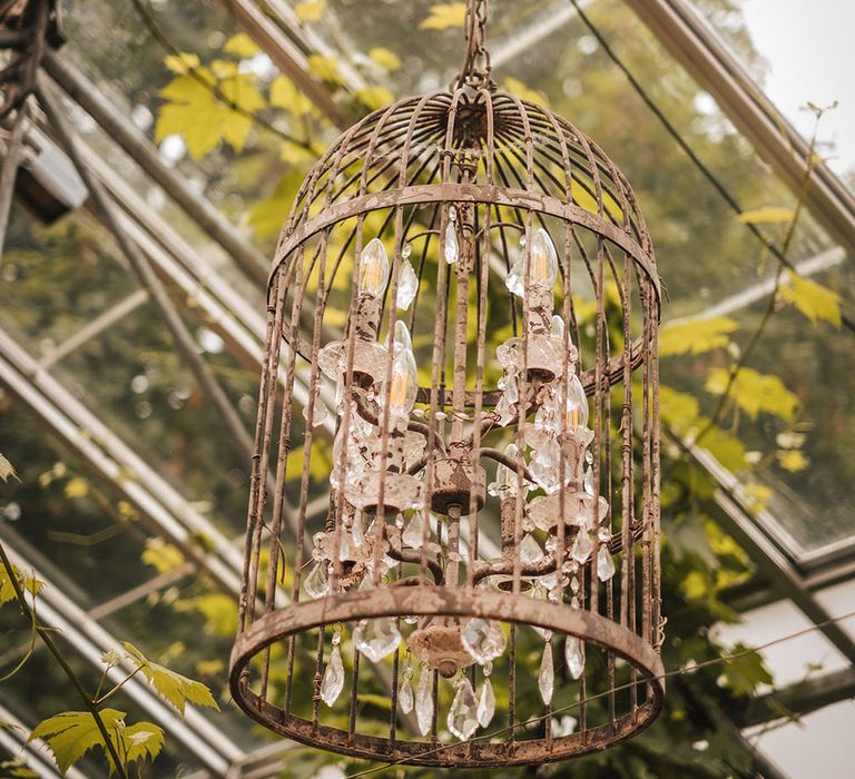 Chandelier hangs above surrounded by green foliage at the West Green House