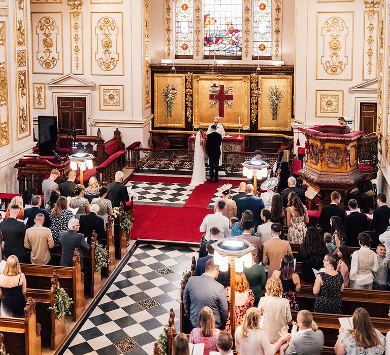 White and gold luxe Witley Court Church ceremony in Worcestershire for black tie wedding 