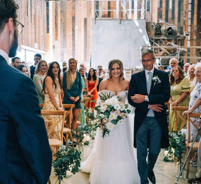 Willow Grange Farm wedding with the father of the bride in three piece morning suit walking down the aisle with the bride in Alena Leena bridal dress 