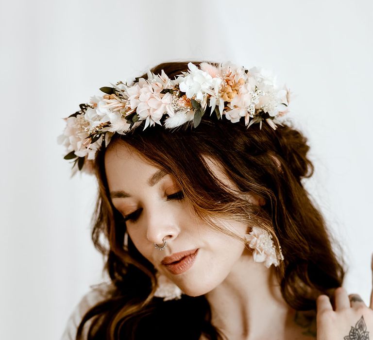 soft peach and white preserved flower wedding crown and earrings 