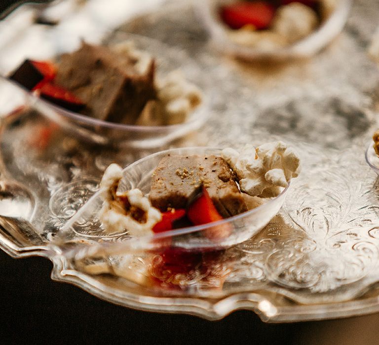 Wedding food on metallic wedding platter 