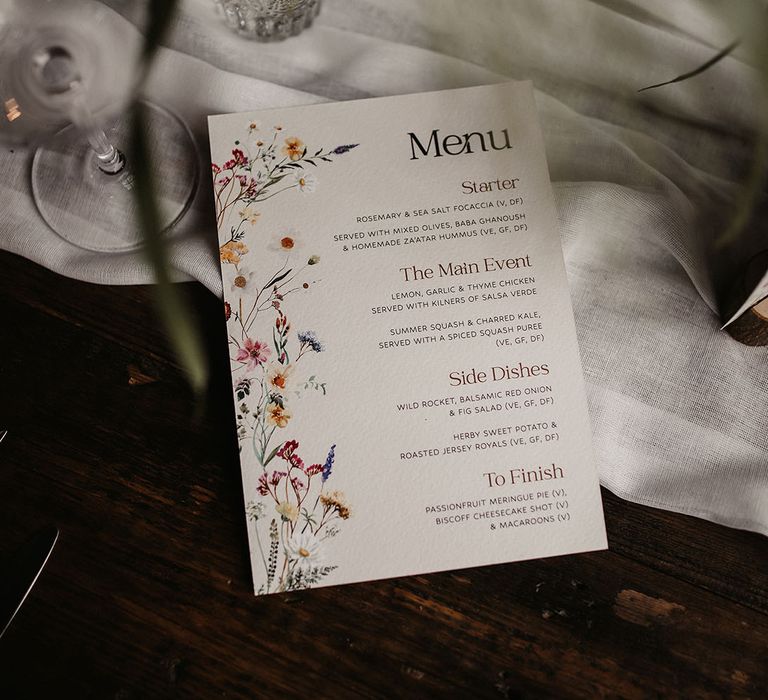 Three course wedding breakfast menu covered in colourful painted flowers to match botanical wedding theme 