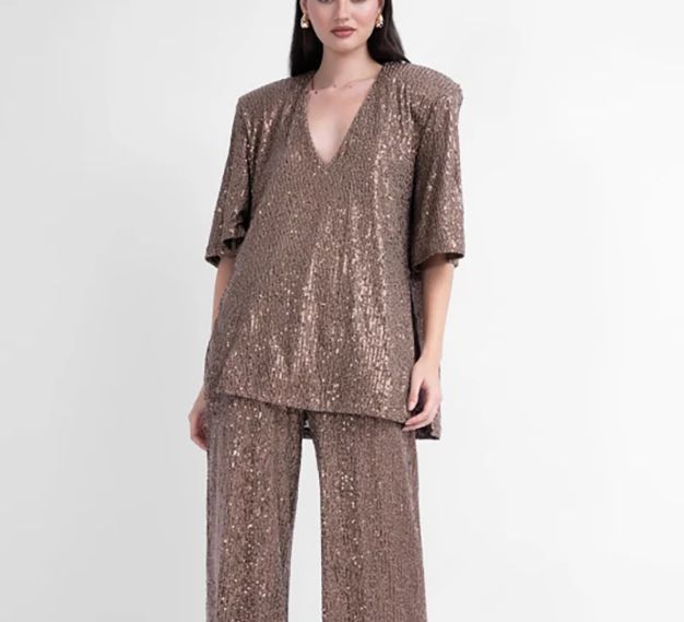 Mother of the bride brown sequin matching set wit trousers and blouse