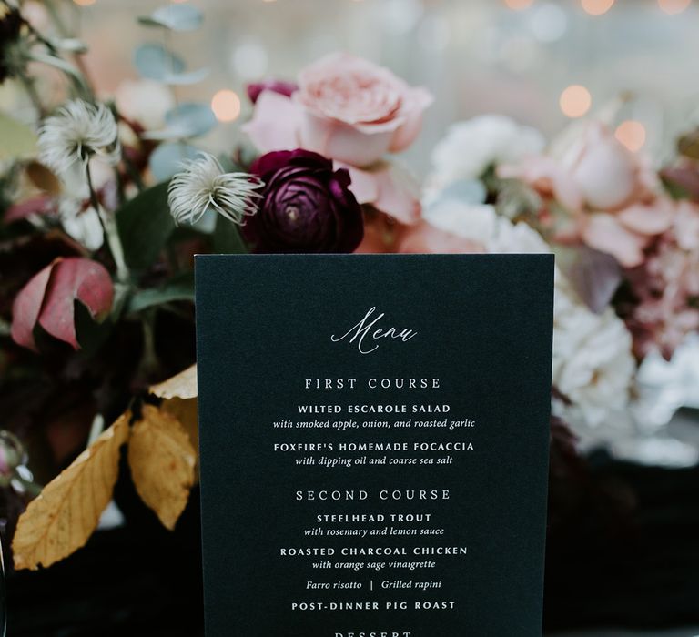 Dark green wedding menu signage for autumnal wedding 