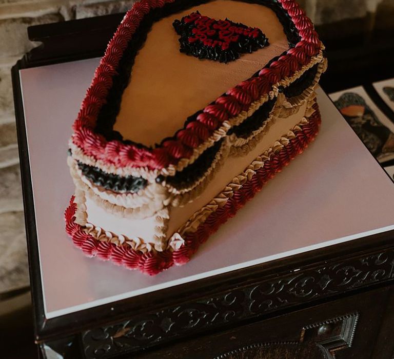 Coffin shaped retro wedding cake 