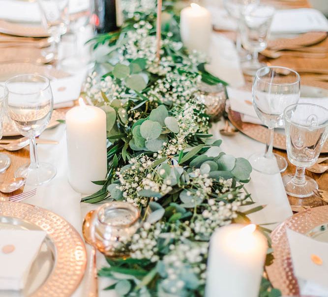 Eucalyptus and gypsophila table runner 