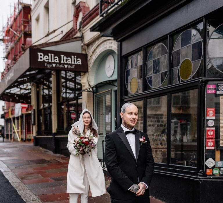 Bride and groom first look at micro wedding 