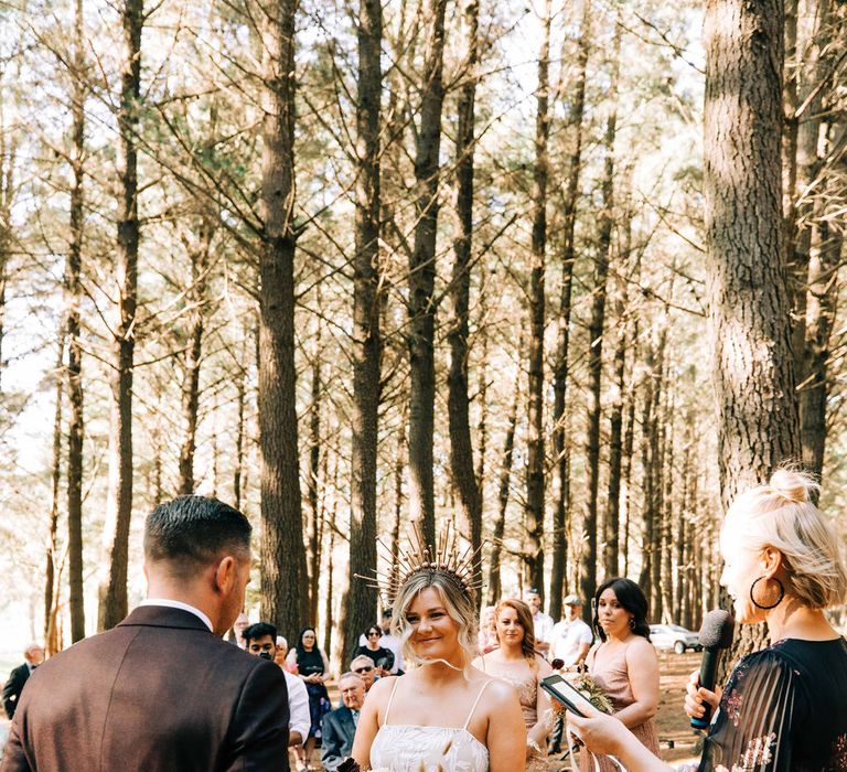 Bride in tulle skirt wedding dress with bridal crown