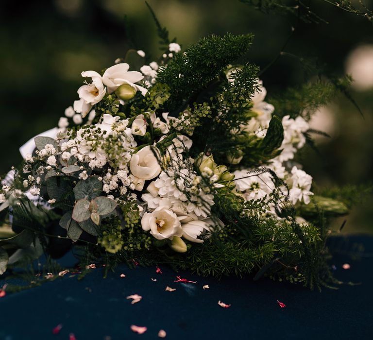 White, cream and green bridal bouquet with mixed florals