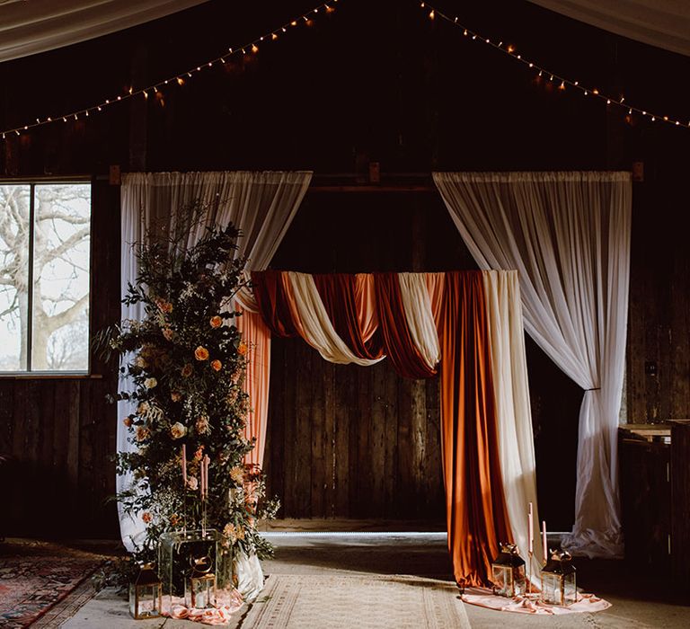 Flower and drape altar decor at Montague Farm Hankham 