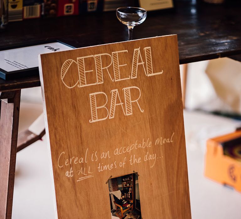 DIY wooden wedding sign for the cereal bar wedding station 