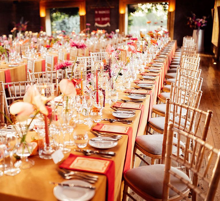 Colourful wedding table setting for an autumn wedding inspired by the Caribbean tropics 