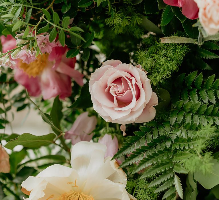 Flower decor with blush peonies, pink chinese peonies and cream chinese peonies