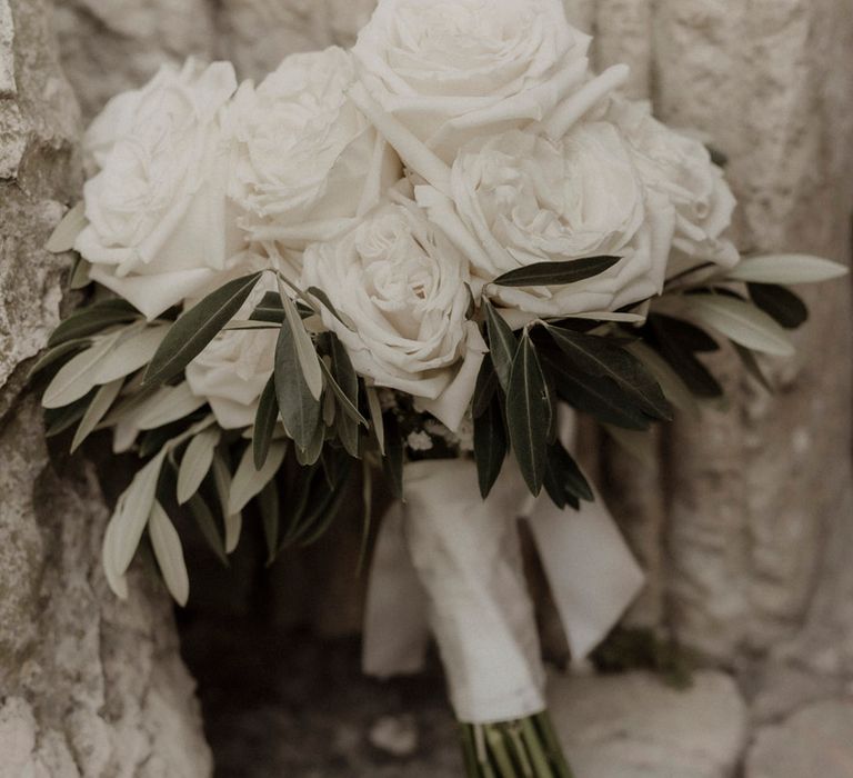 Simple round white rose wedding bouquet 